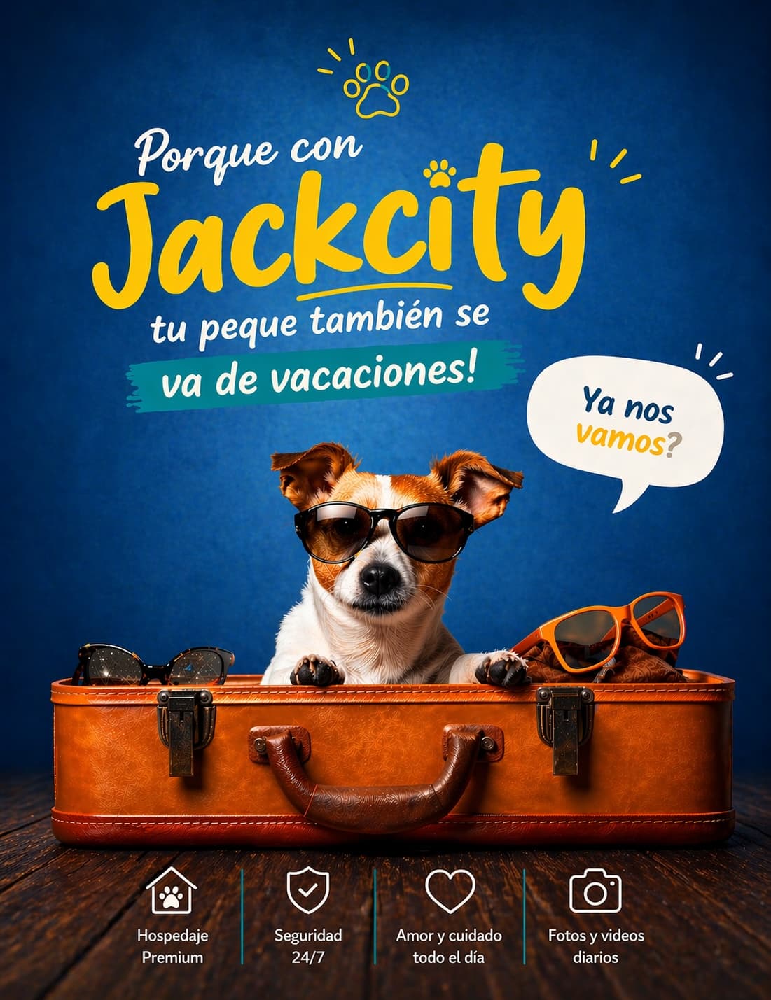 Perro Jack Russell con anteojos de sol asomado dentro de una maleta de viaje. Porque con JackCity tu peque también se va de vacaciones: hospedaje premium, seguridad 24/7, amor y cuidado todo el día, fotos y videos diarios.