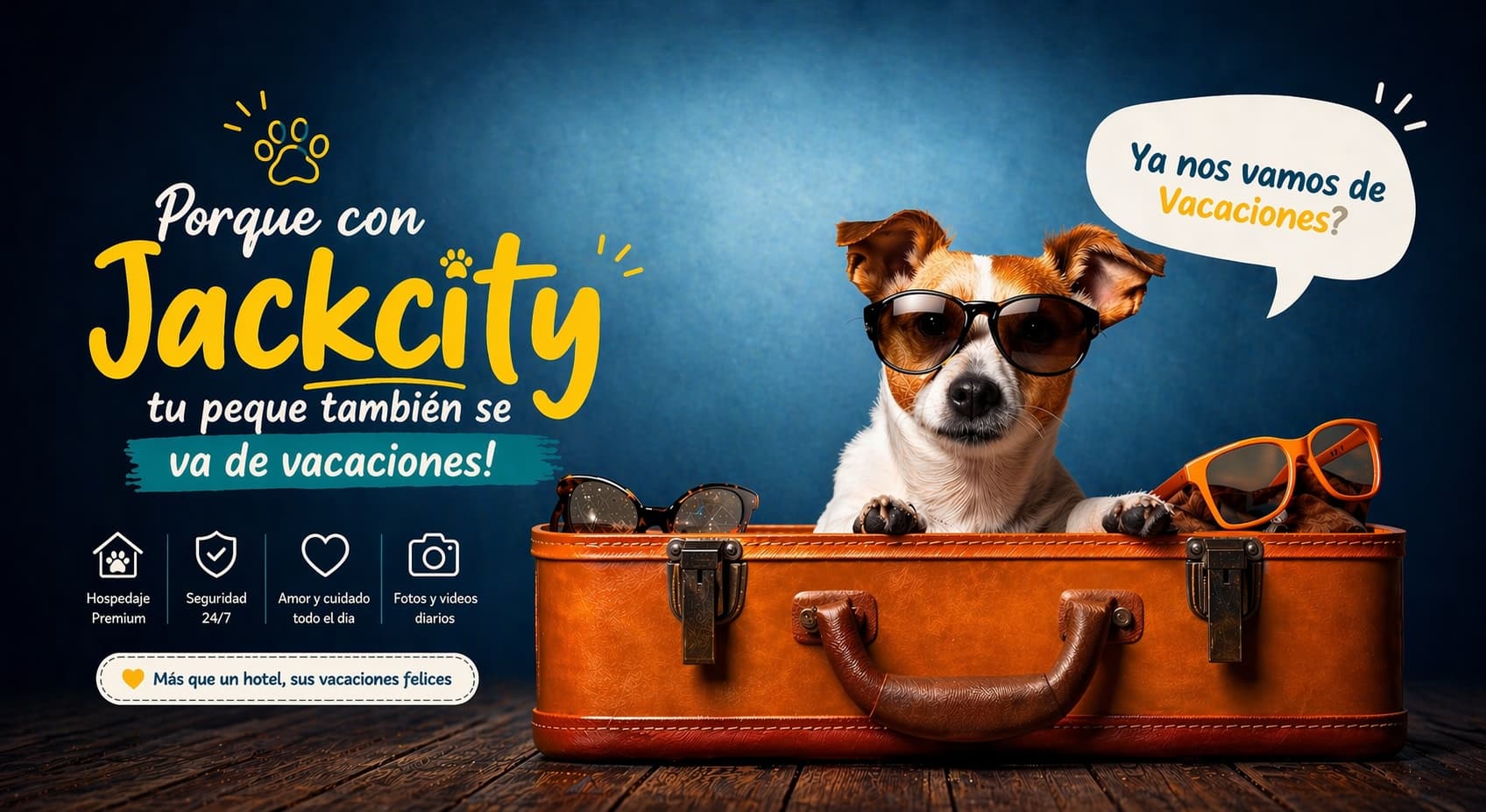 Perro Jack Russell con anteojos de sol asomado dentro de una maleta de viaje. Porque con JackCity tu peque también se va de vacaciones: hospedaje premium, seguridad 24/7, amor y cuidado todo el día, fotos y videos diarios. Más que un hotel, sus vacaciones felices.