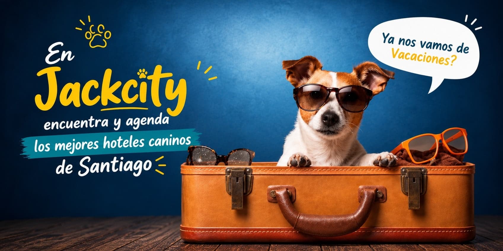 Perro Jack Russell con anteojos de sol asomado dentro de una maleta de viaje. Porque con JackCity tu peque también se va de vacaciones: hospedaje premium, seguridad 24/7, amor y cuidado todo el día, fotos y videos diarios. Más que un hotel, sus vacaciones felices.