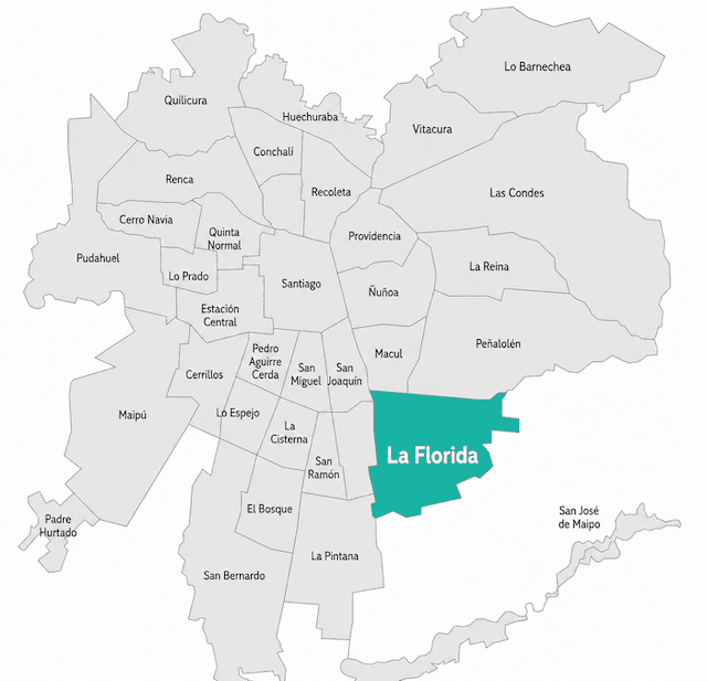 Mapa de las comunas de Santiago con La Florida destacada