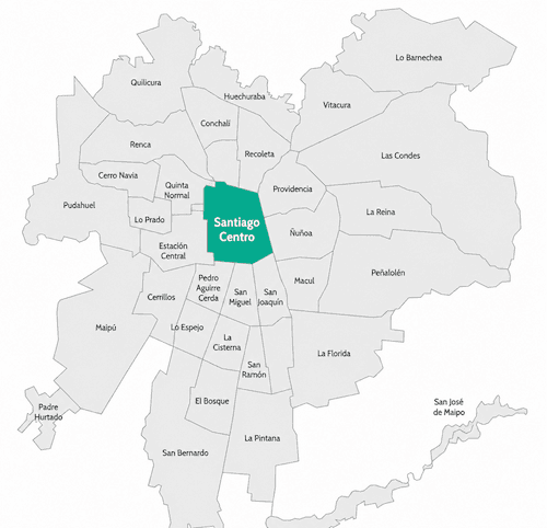 Mapa de las comunas de Santiago con Santiago Centro destacada