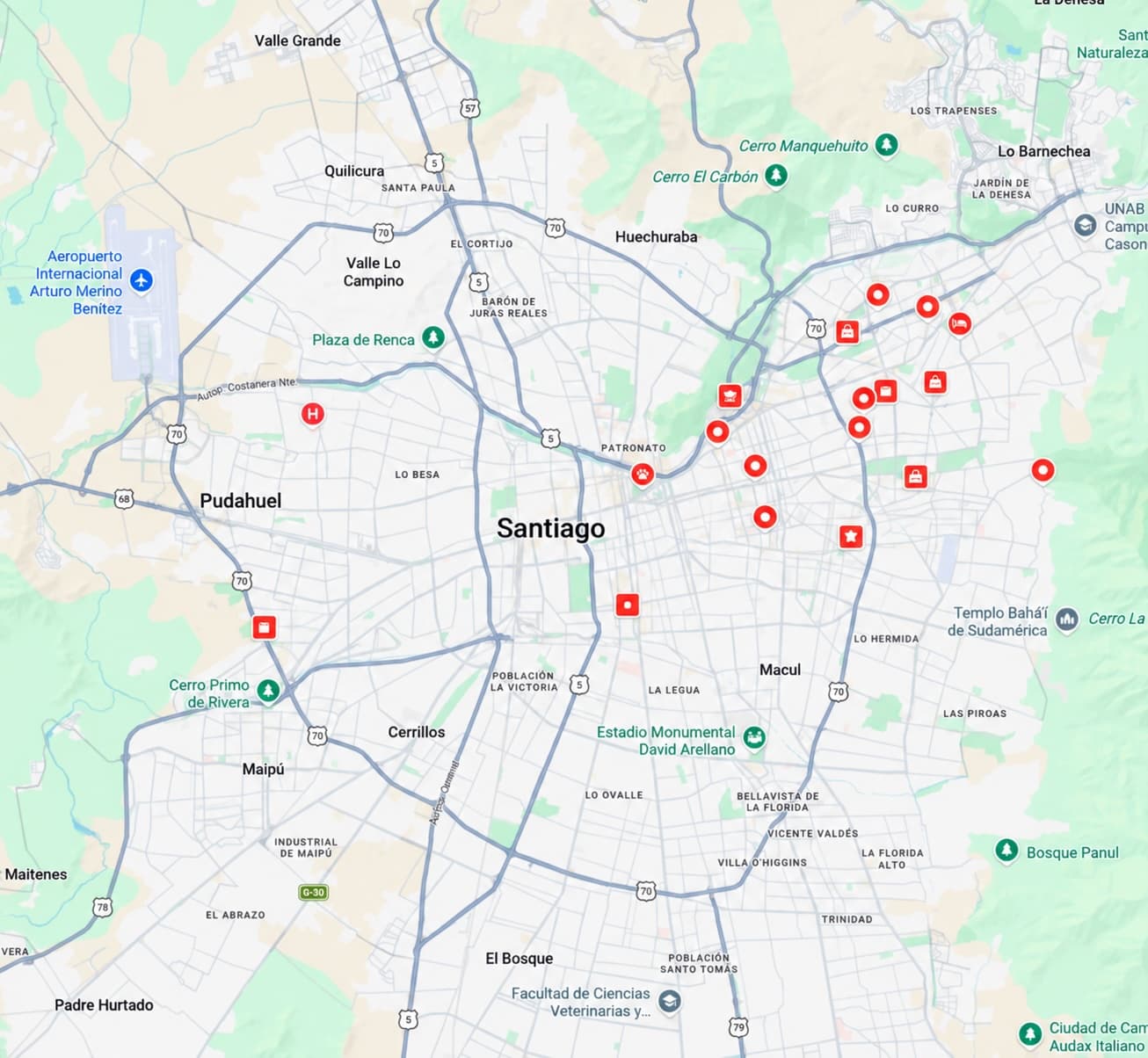 Mapa de Santiago y sus comunas, con el aeropuerto Arturo Merino Benítez al norponiente